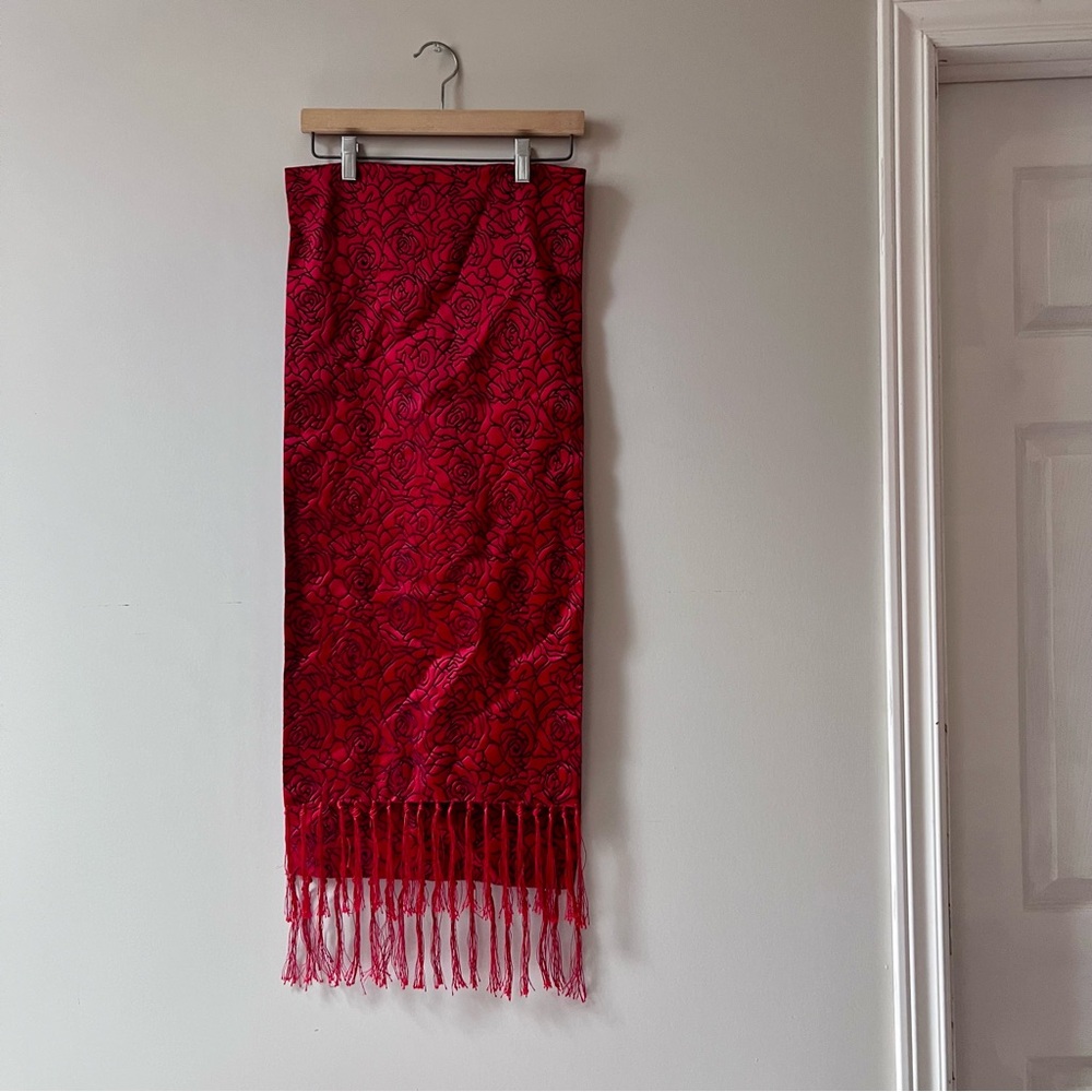 Thick Satin Embroidered Fringe Shawl/Scarf/Wrap Vintage